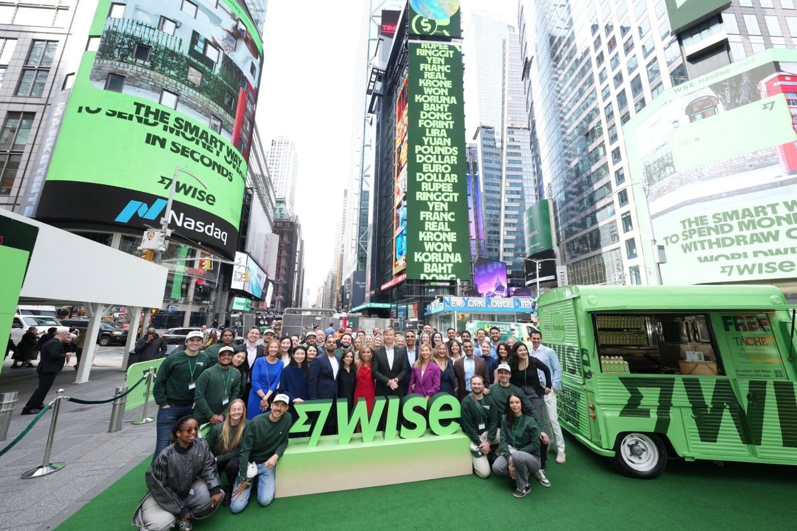 Wise team in Times Square at the Nasdaq MarketSite for the company's listing