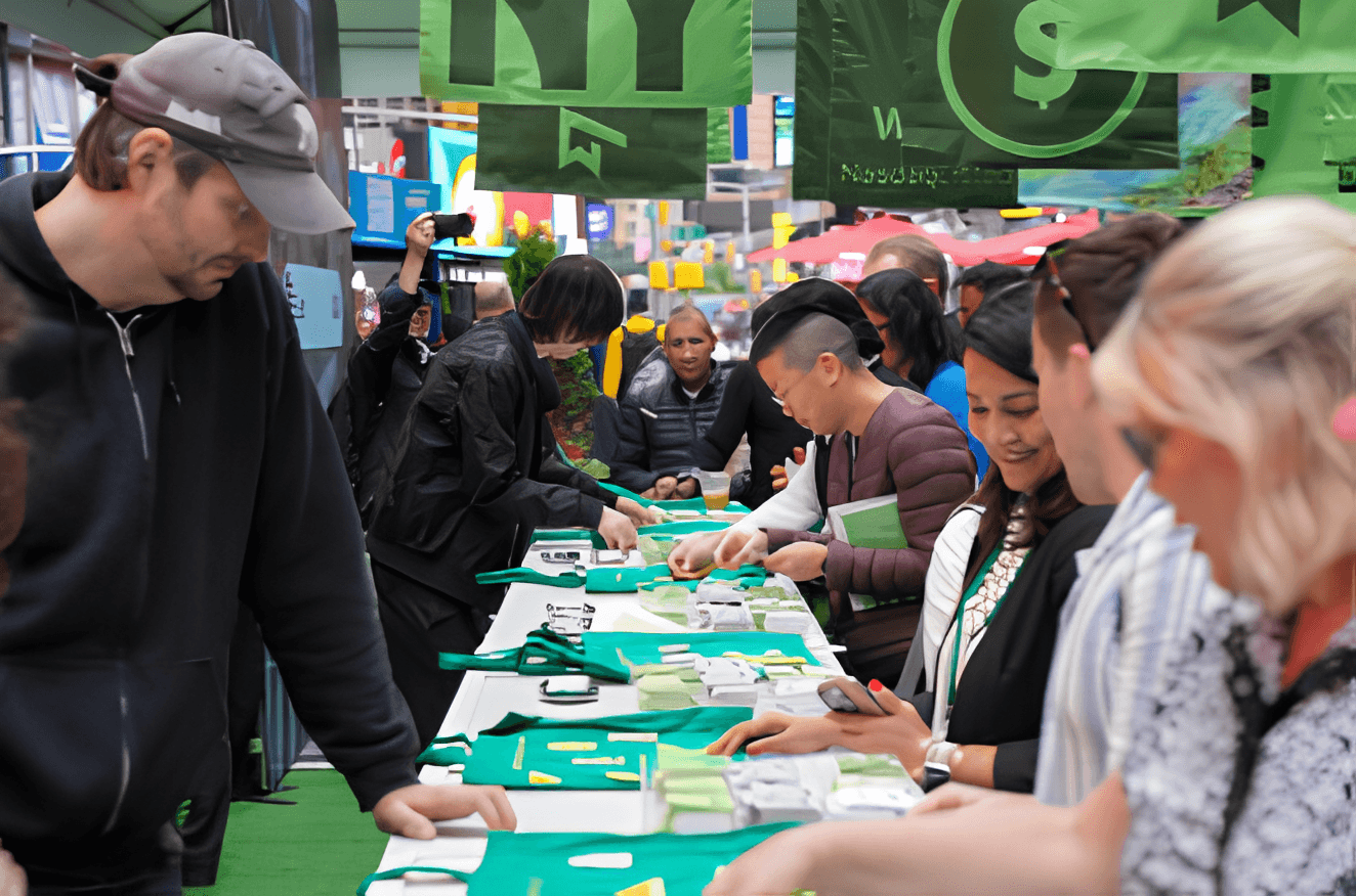 Wise patches and merch being handed out at the Times Square activation tables