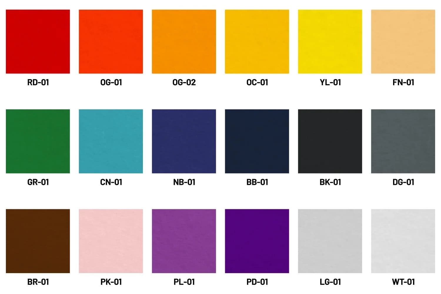 Factory chenille felt color chart: 18 swatches, codes RD-01 to WT-01