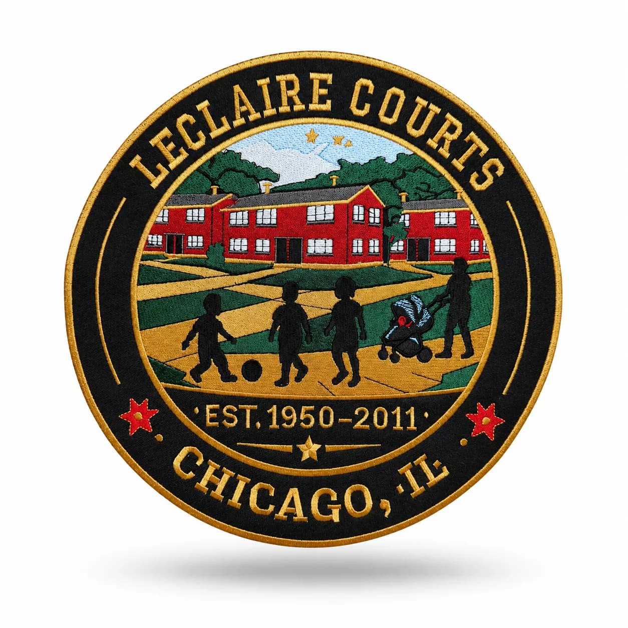 Round embroidered patch with dense stitched detail and a gold merrowed border, showing visible thread direction