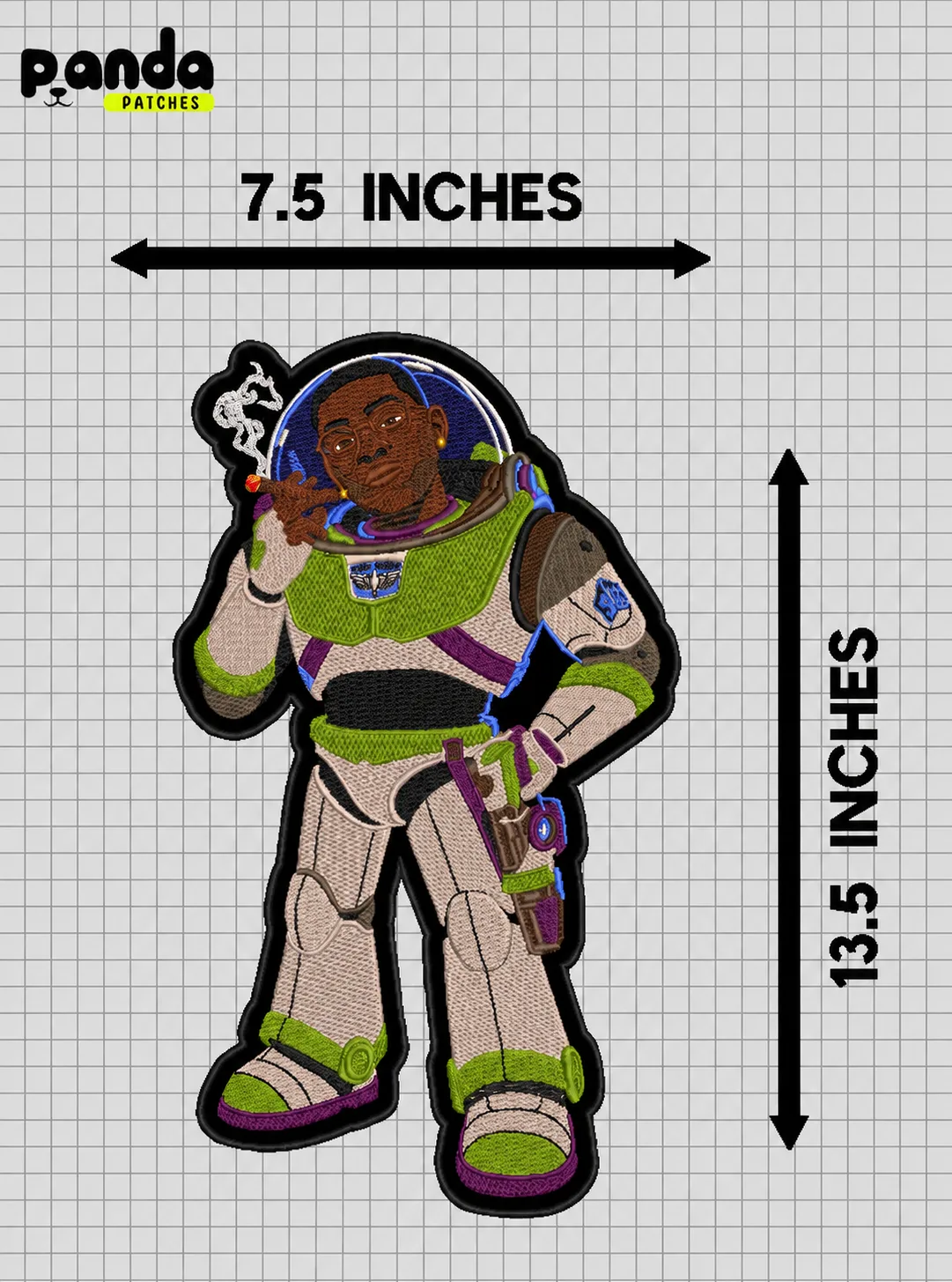 Digitized embroidery proof on a measurement grid, showing stitch paths and the finished patch dimensions in inches