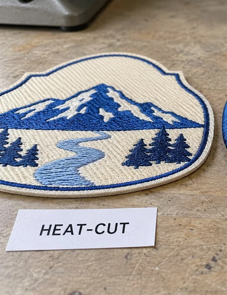 A patch cut to its own irregular outline with a sealed heat-cut edge, no merrow border, label reading HEAT-CUT