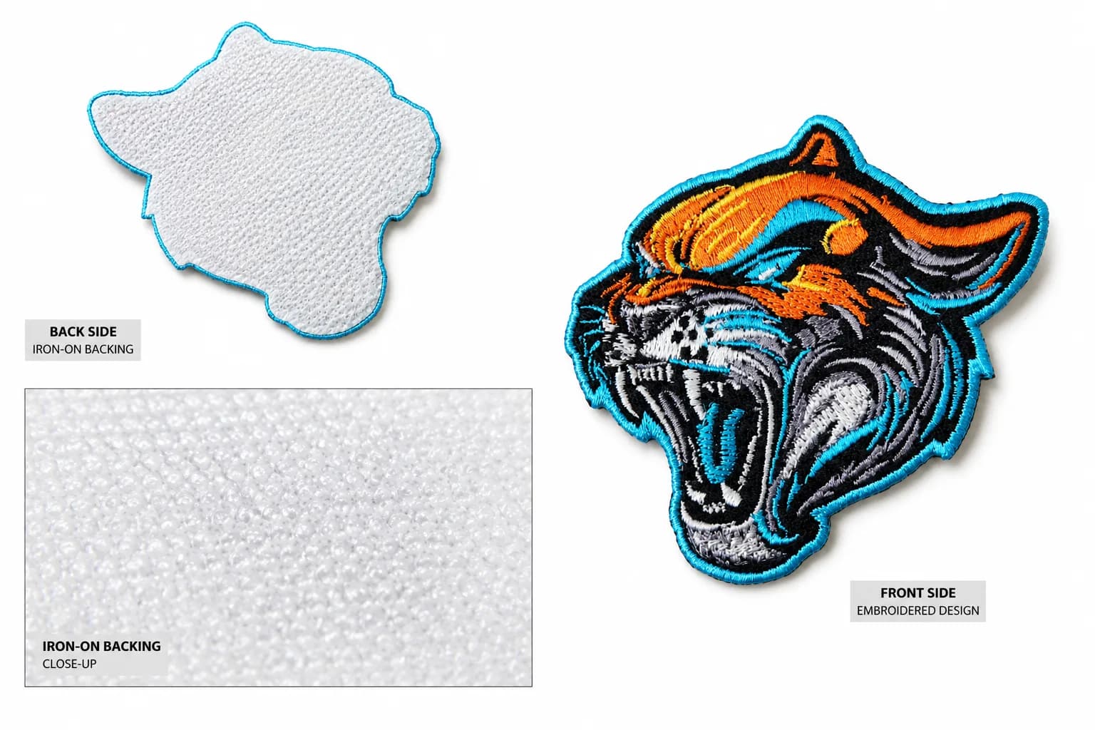 Iron-on patch shown front and back, with a close-up of the white heat-seal adhesive layer on the reverse
