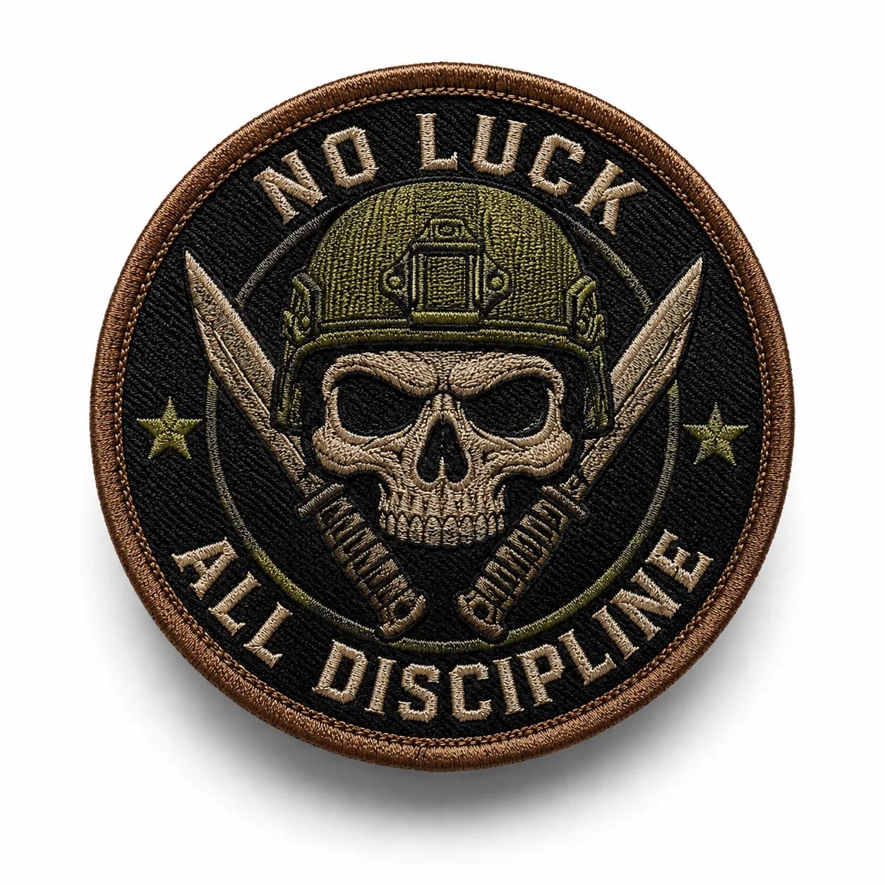 Round embroidered morale patch reading "No Luck, All Discipline" with a helmeted skull and crossed knives, finished with a merrowed border