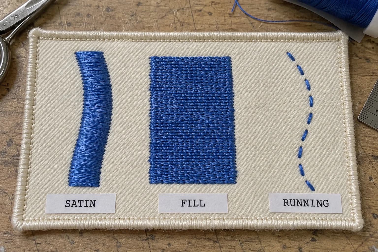 A sample patch with three labelled stitch blocks: a satin column, a filled tatami rectangle, and a running stitch outline
