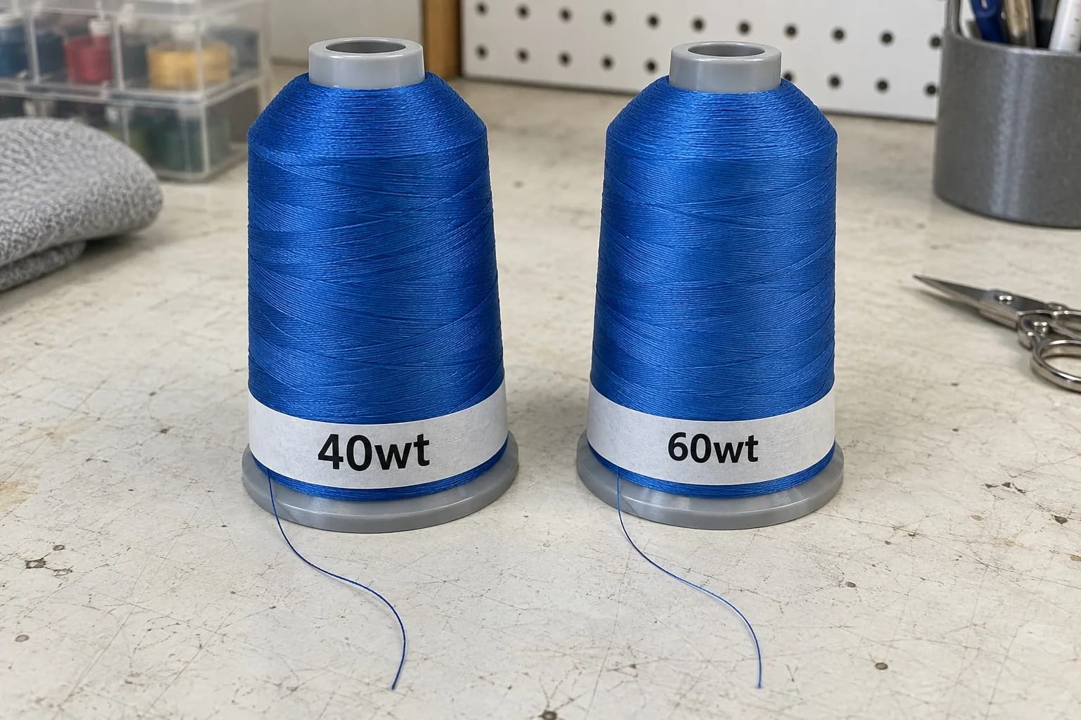 Two cones of the same blue embroidery thread side by side, labelled 40wt and 60wt
