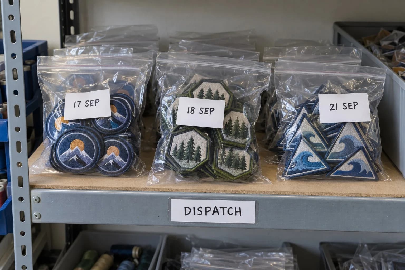Finished patches bagged and dated on a dispatch shelf, sorted by ship date