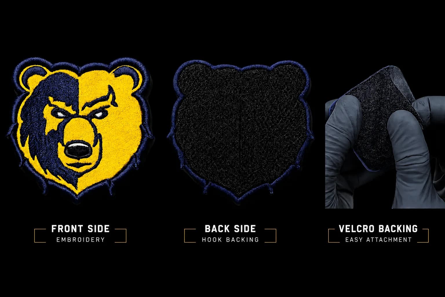 Embroidered bear patch shown front and back beside a close-up of the black hook-side Velcro backing