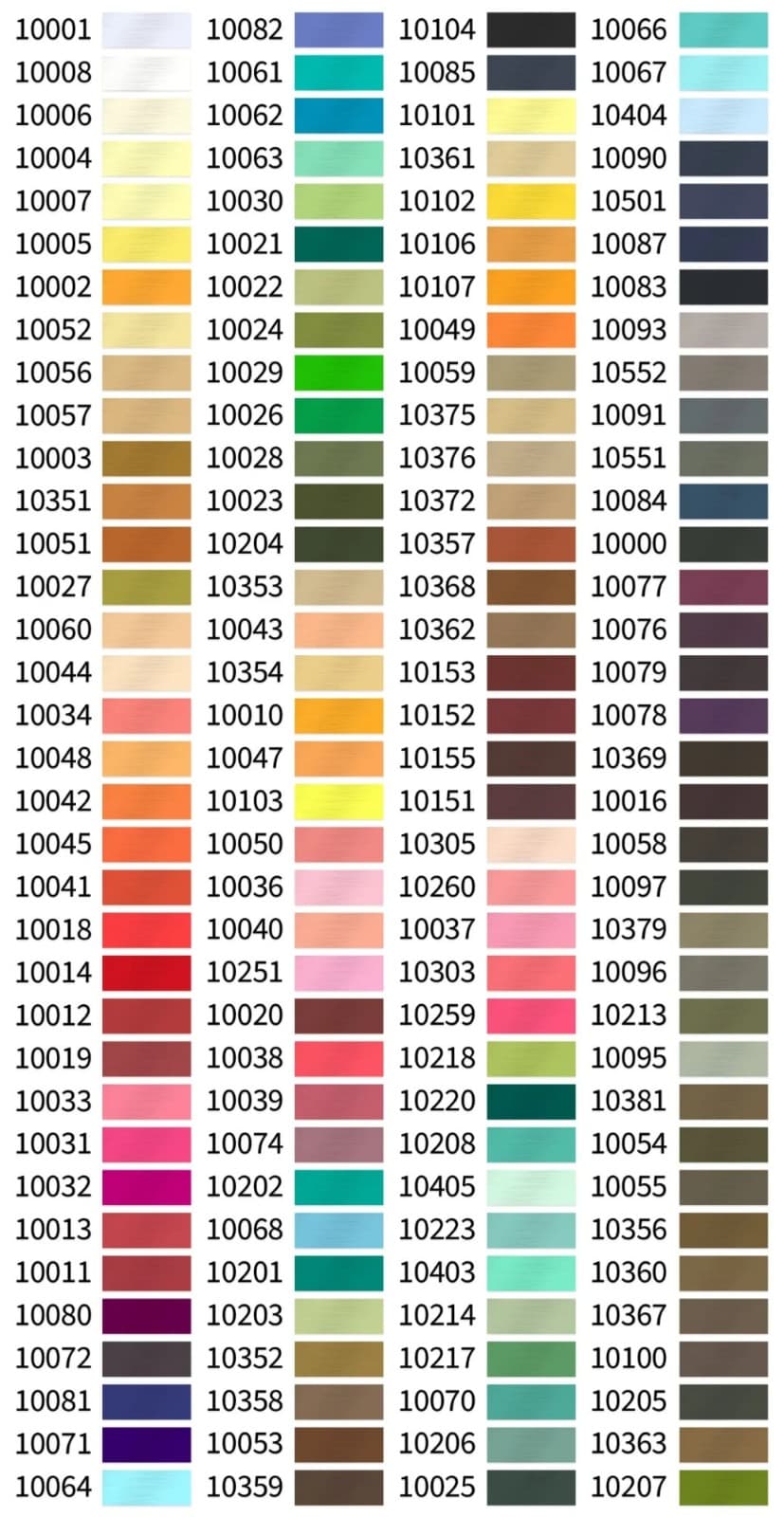 Factory chenille yarn color chart: 140 numbered swatches, codes 10000 to 10552