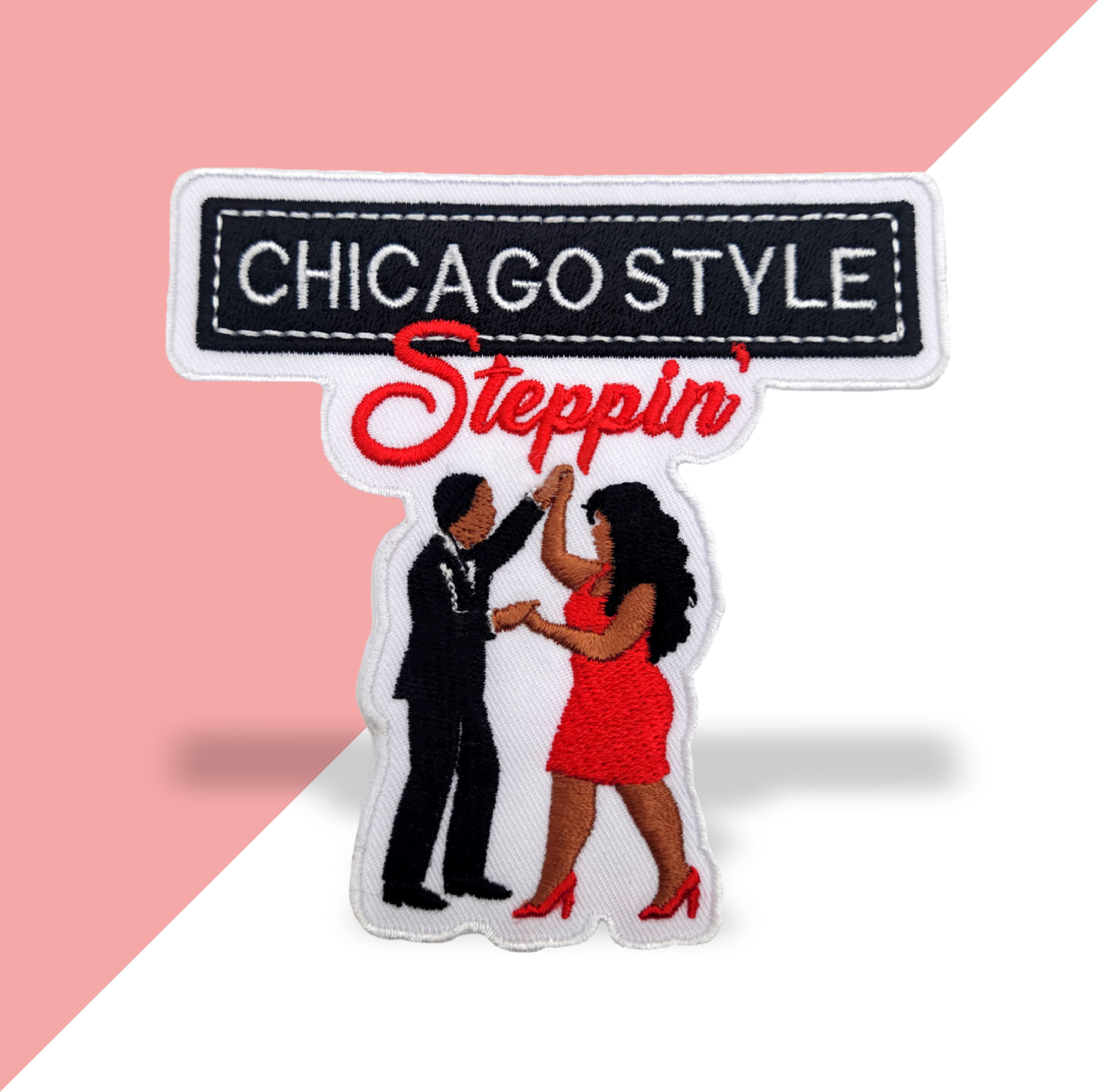 Custom embroidered patch featuring Chicago Style Steppin dancing couple in pink and black