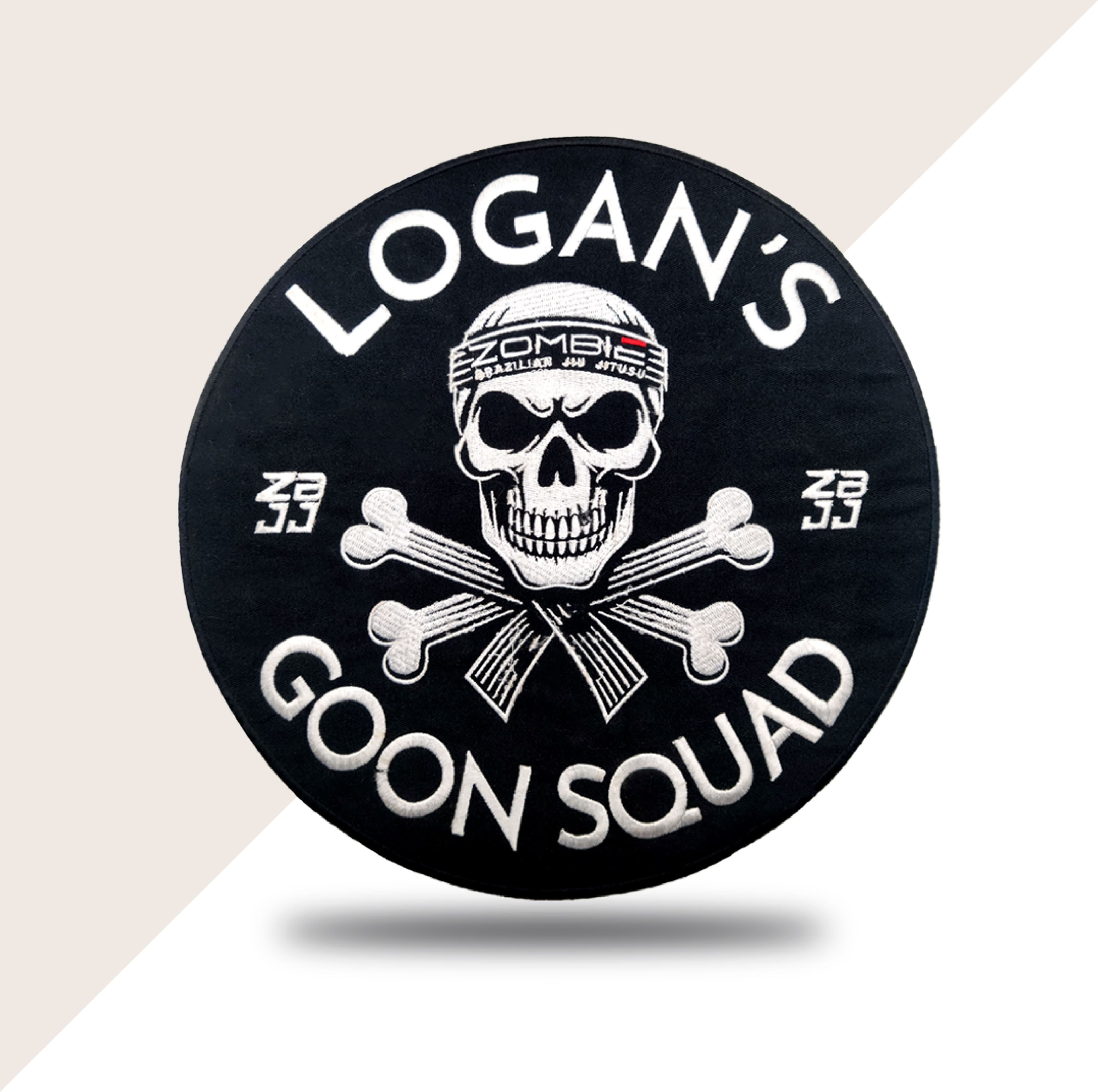 Custom circular embroidered patch with skull and crossbones design for Logan's Goon Squad