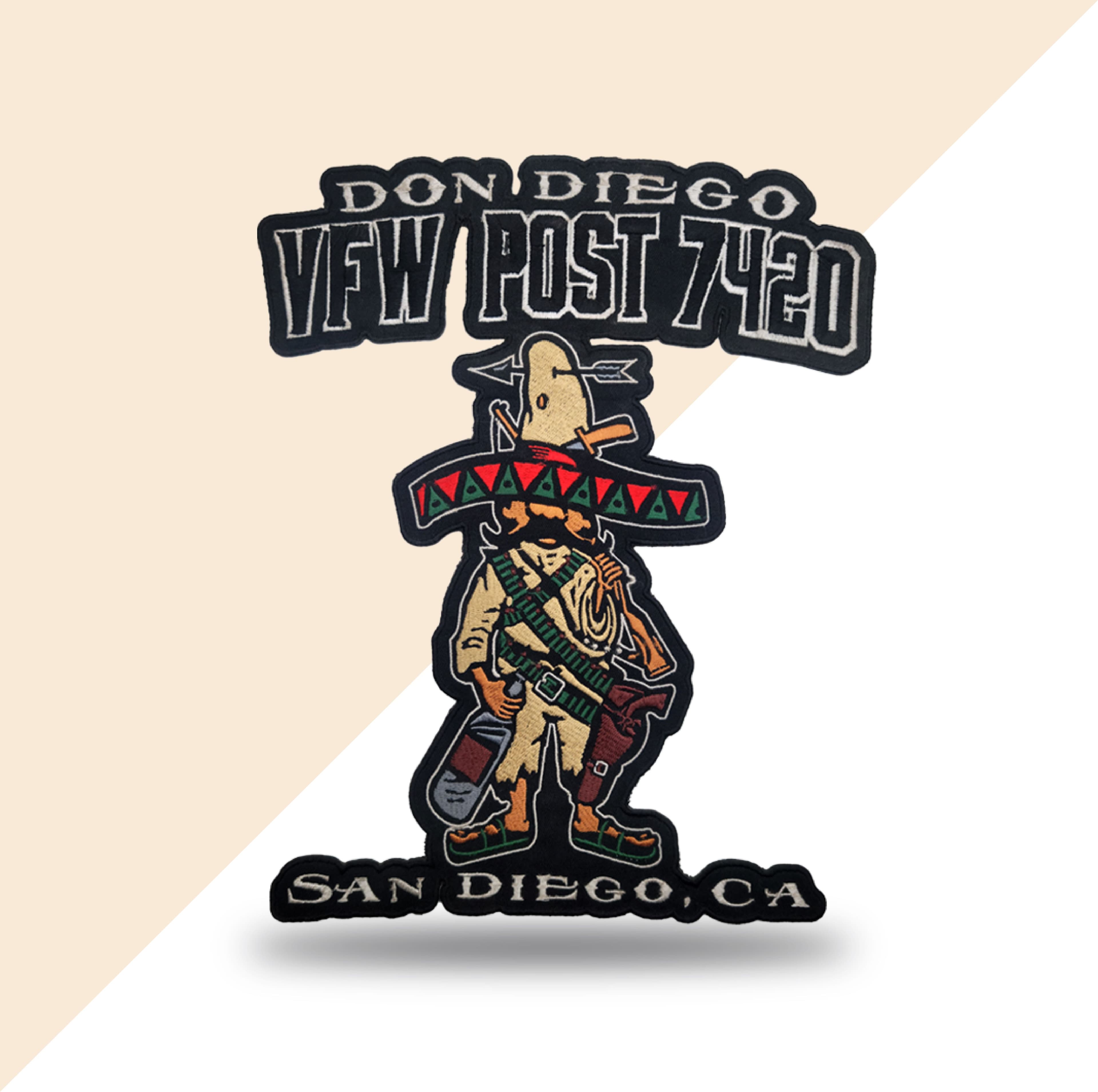 Custom embroidered military patch for Don Diego VFW Post 720 San Diego CA with pin-up figure